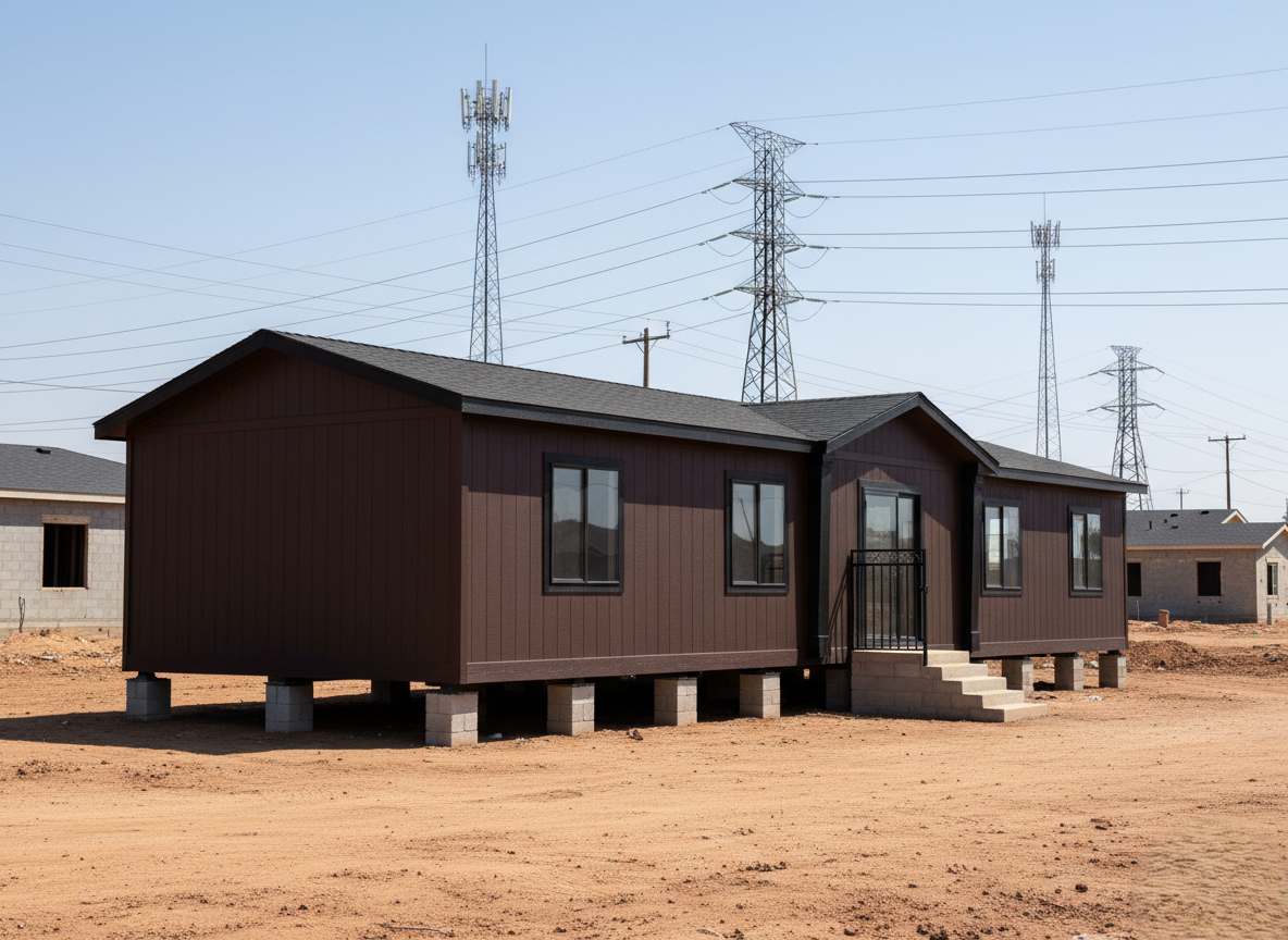 A brown modular home sits elevated on blocks in a barren, dusty landscape. Power lines and towers loom in the background under a clear blue sky.